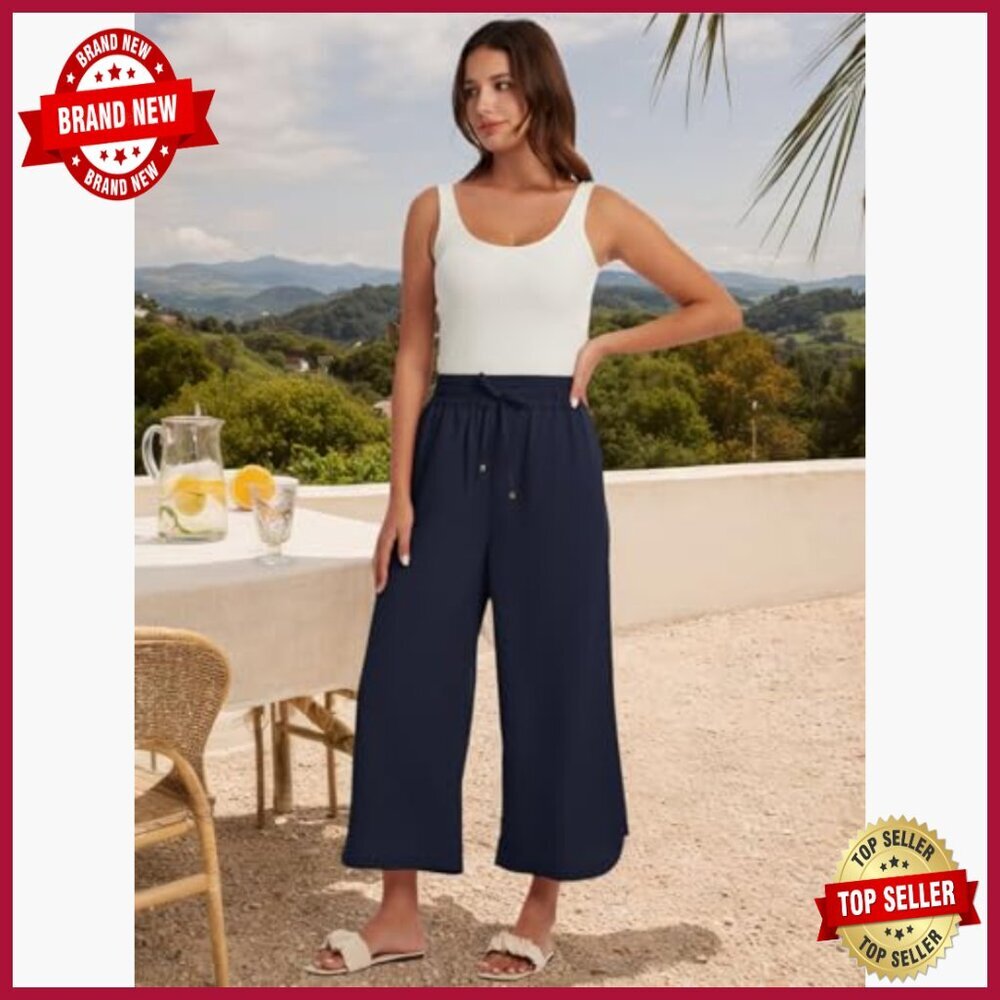 High Waist Wide Leg Cropped Pants Tencel Linen Blend Summer Casual - Picture 2 of 6